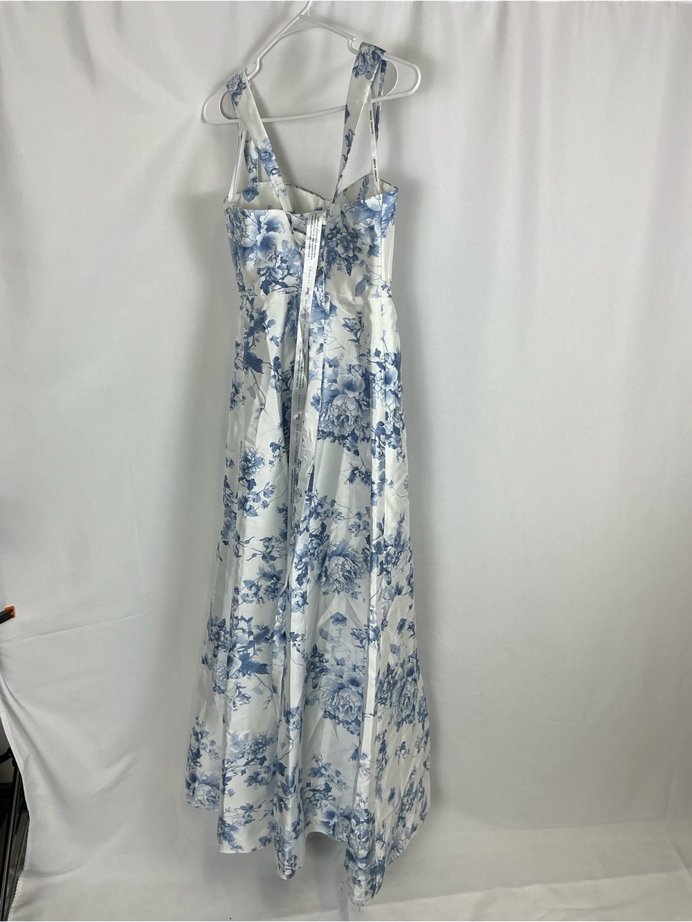 ALFRED SUNG Blue and White Floral Satin Bustier Maxi Dress - Picture 5 of 5